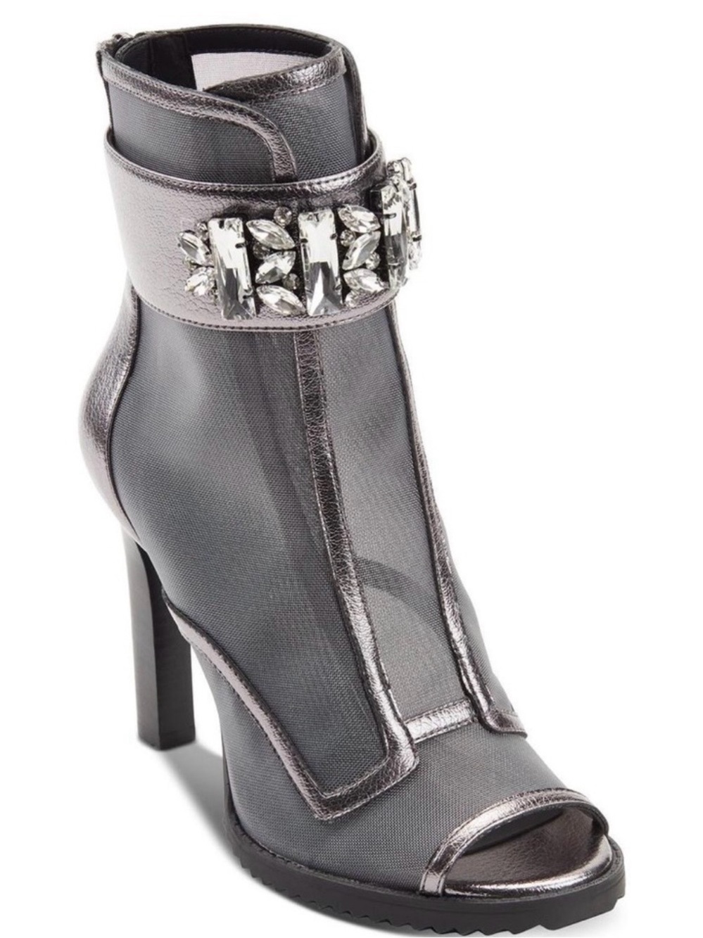 Karl Lagerfeld Metallic Charcoal Mesh Open-Toe Jeweled Ankle Boot